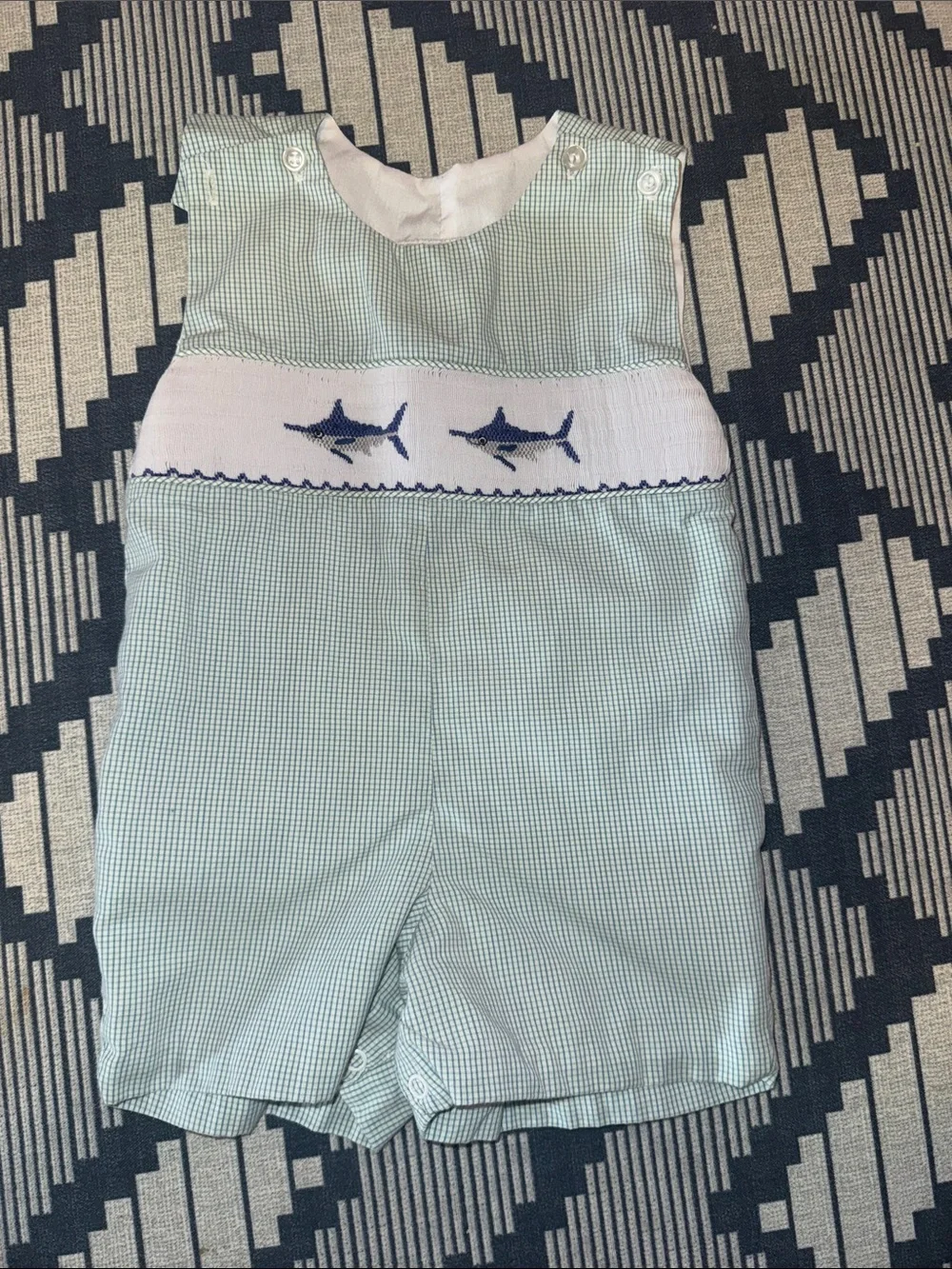 Green Check Boys' One-Piece Smocked Shortall with Navy Swordfish Embroidery